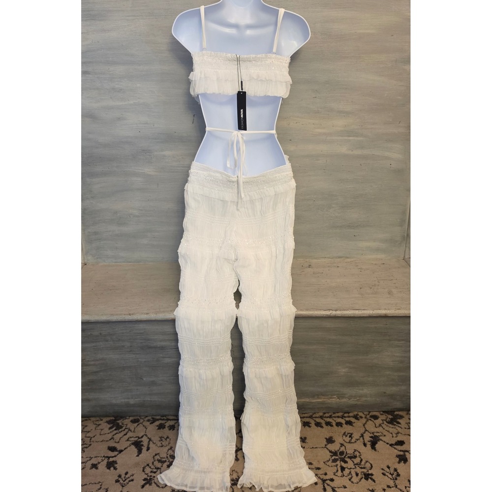 Fashion Nova "Keila" White Smocked Tiered Ruffle Jumpsuit Size Medium NWT - Picture 7 of 13